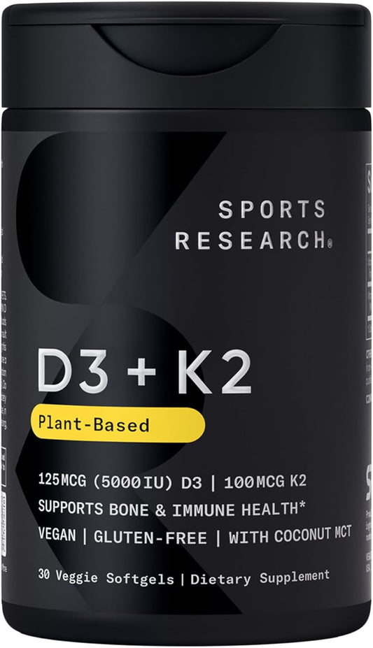 Vegan Vitamin D3 + K2 Supplement with Organic Coconut Oil - 5000Iu Vitamin D with 100Mcg Mk7 Vitamin K - Supports Calcium for Stronger Bones & Immune Health - 30 Softgels for Adults