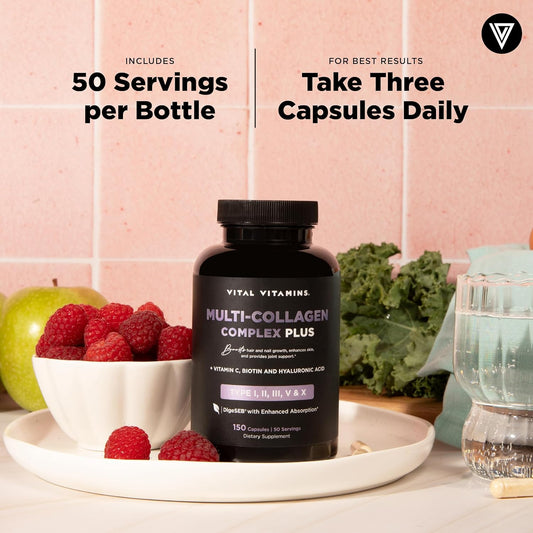 Multi Collagen Complex plus - with Biotin, Hyaluronic Acid, Vitamin C - Type I, II, III, V, X - for Women & Men - Hair, Skin, Nails Beauty Complex - 150 Capsules