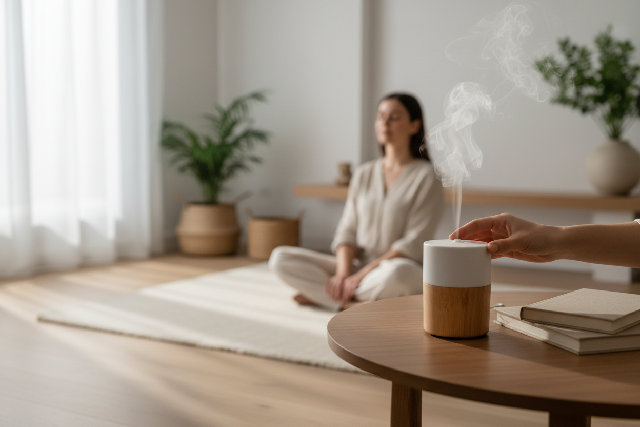 A calm wellness homepage hero image showing a person gently turning on or adjusting a minimalist essential oil diffuser on a bedside table or coffee table. Soft steam rising as the person relaxes nearby. Neutral interior, natural materials, peaceful atmosphere, modern holistic lifestyle aesthetic. Ultra-realistic, premium wellness brand photography, soft daylight, minimal composition with negative space for text