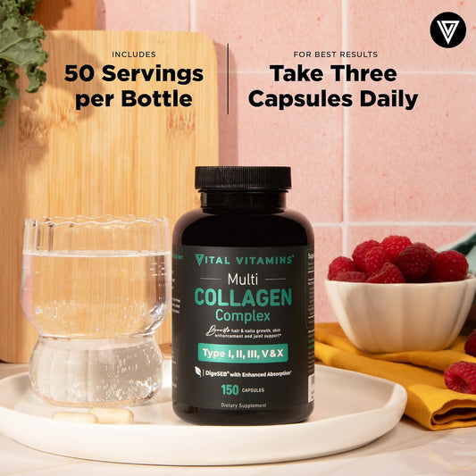 Multi Collagen for Women & Men - Type I, II, III, V, X - Grass Fed, Non-Gmo - 150 Capsules